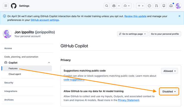 Turn off GitHub’s default training on your code via Settings > Copilot > Features > Privacy