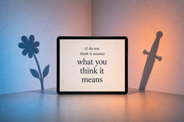 Tablet centered in a softly lit blue-and-peach corner displays the text “(I do not think it means) what you think it means,” while shadows of a flower and a dagger appear on opposite walls, suggesting meanings beyond the words on the screen.