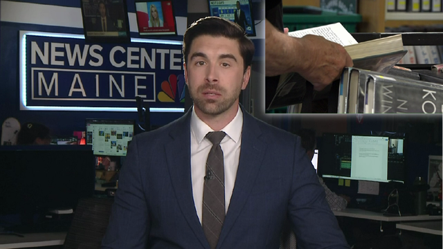 News anchor in a newsroom in front of a "News Center Maine" sign, with an inset image showing a person holding an open book beside library shelves.