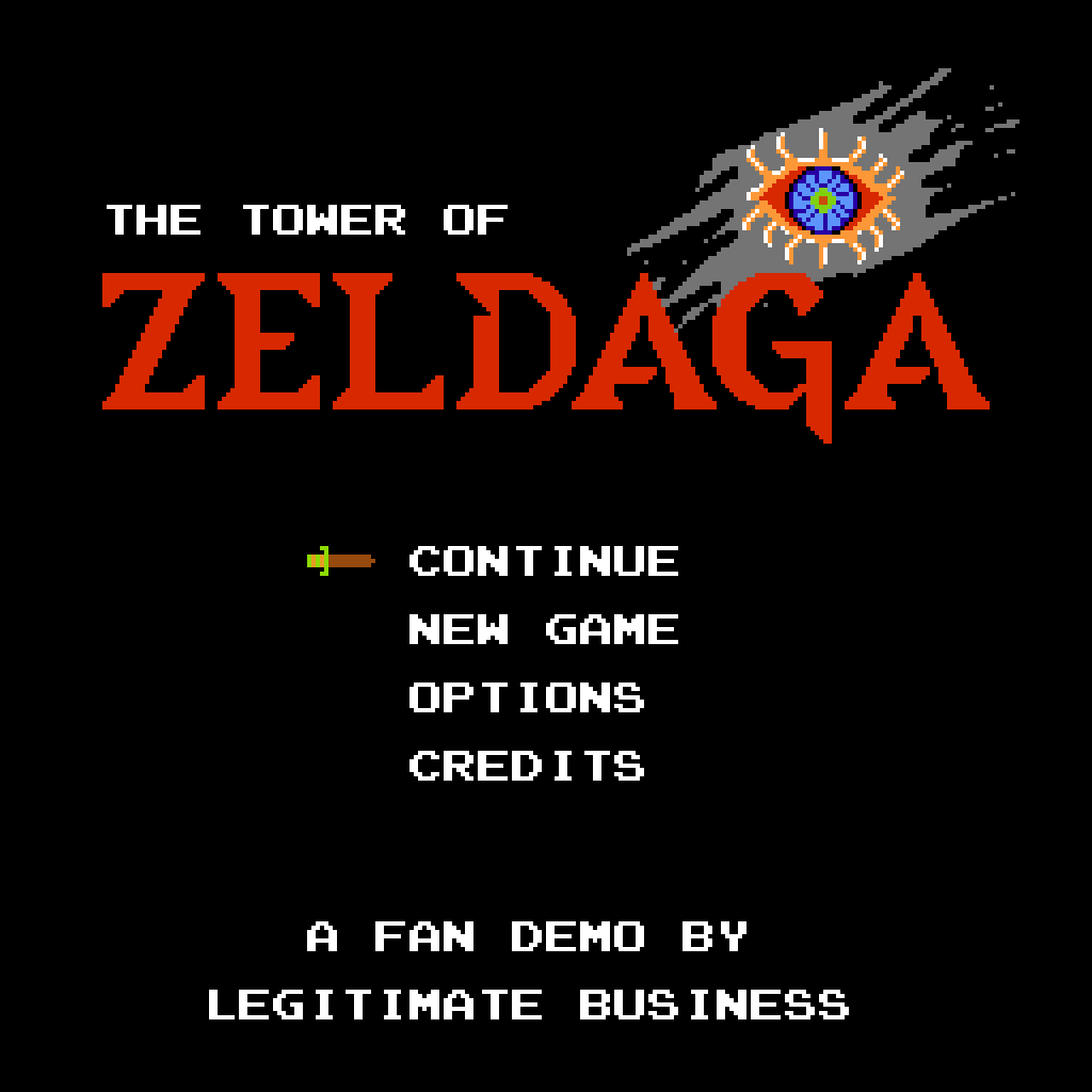 Title screen for The Tower of Zeldaga, a fan demo by Legitimate Business, with options for Continue, New Game, Options, and Credits. A strange eye with red sclera and a blue iris and thick, golden eyelashes features above the title.