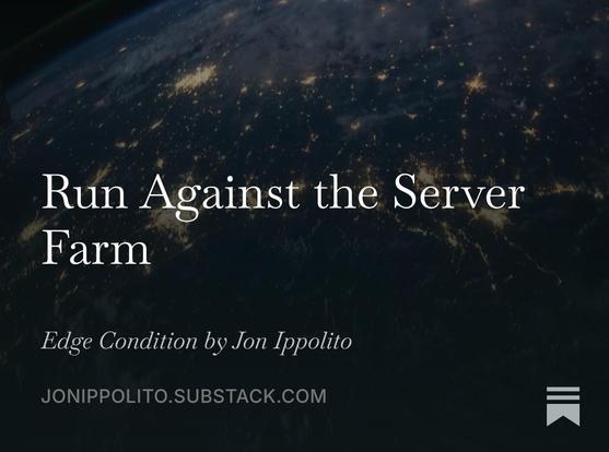 The title "Run Against the Server Farm" with the subtext Edge Condition by Jon Ippolito, against the image of a planet with glowing data centers.